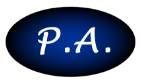 Blue oval with the words PA inside as logo